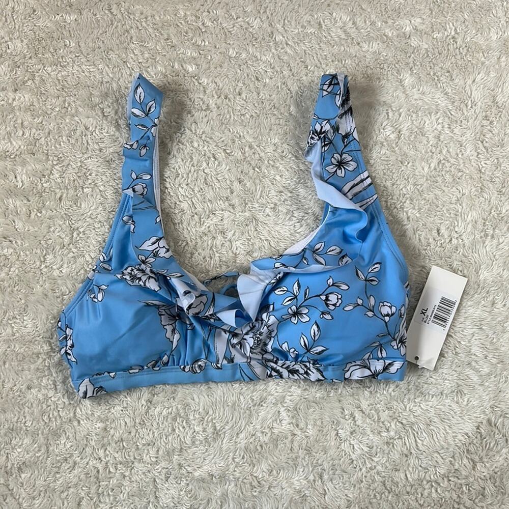 Social‎ Angel baby blue and white floral print ruffled padded bikini top, xl NWT
